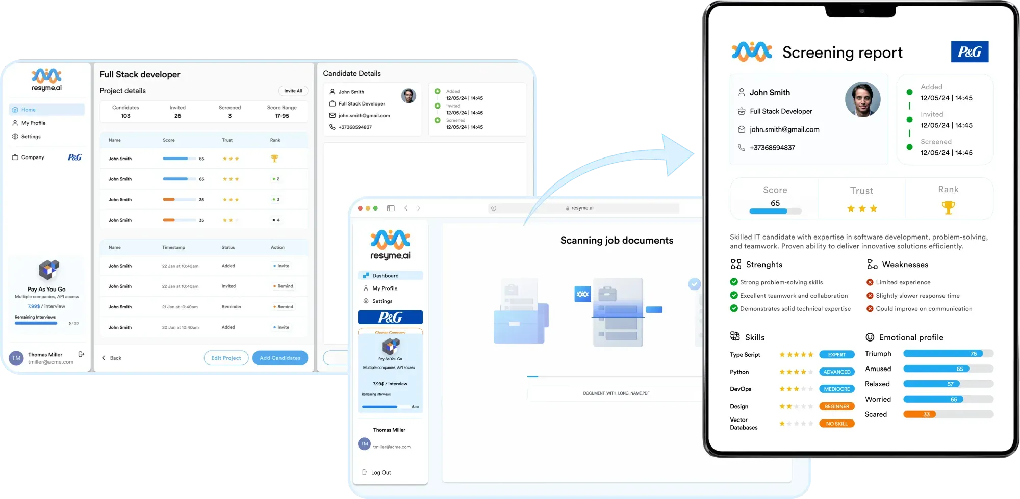 Product screenshots showing dashboard, scanning, and reporting